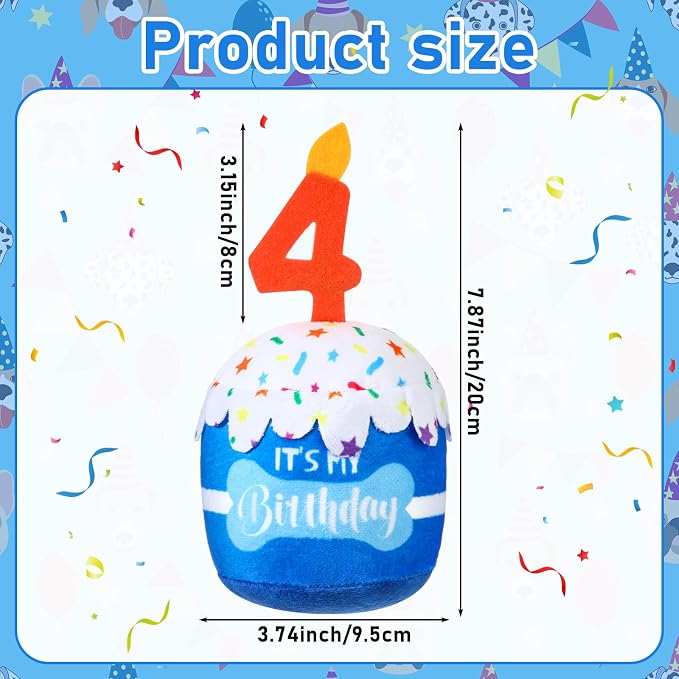 Dansydaisy Dog Birthday Cake Toy Squeaky Plush Gift,4th,Blue