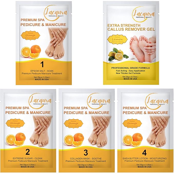 Epsom Salt Soak, Callus Remover Gel, Extreme Sugar Scrub, Collagen Mask & Shea Butter Lotion – Professional Spa Foot Care System 5 Step Luxury Pedicure Kit. Orange 09 Set