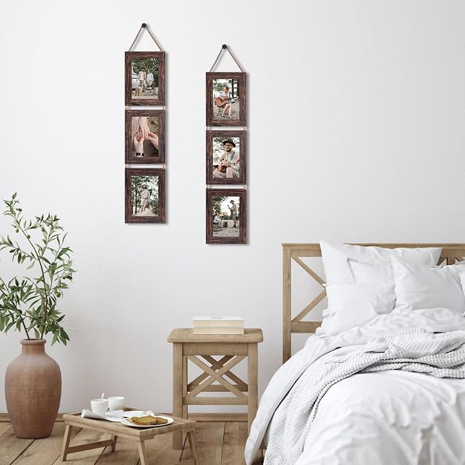 QUTREY 4x6 Collage Picture Frames, 6 Openings Vertical Hanging Photo Frame Set of 2, 4 by 6 inch Multi Picture Frames for Wall, Distressed Brown