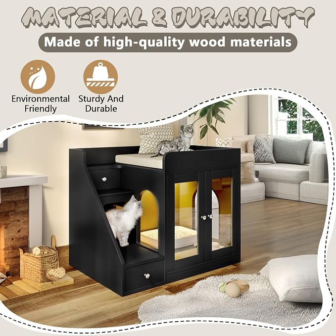Cat Litter Box Enclosure with Light, Hidden Litter Box Furniture with 2 Storage Drawers & Smart Doors, Cat House Side Table for Living Room Entryway (Black)