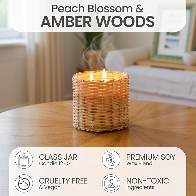 Beach Wood Scented Candle – Luxury 12oz Soy Wax, 2-Wick Handwoven Glass Jar, Peach, Orange Blossom, Saffron, Moss, Amber and Sandalwood – Santal Candle, 75+ Hour Clean Burn, USA Made