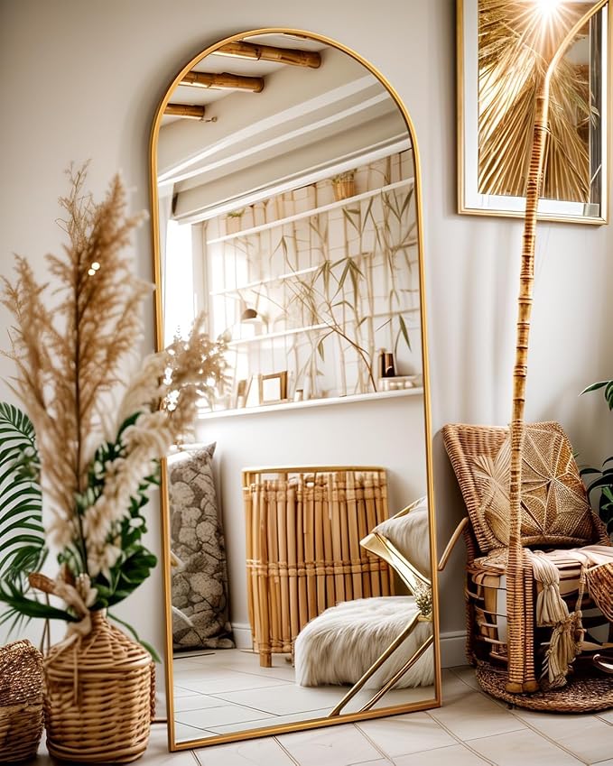 Antok 58" x19” Arched Full Length Floor Mirror, Gold Aluminum Frame, Free Standing/Wall Mount/Leaning for Bedroom, Living Room, Dressing Room