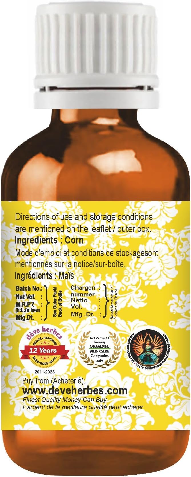 Deve Herbes Corn Oil (Zea mays) | Cold Pressed | Pure | Natural | Undiluted | for Diluting Essential Oils | for Skin & Massage | Non-Sticky | Lightweight | Men & Women | 30ml (1 oz)