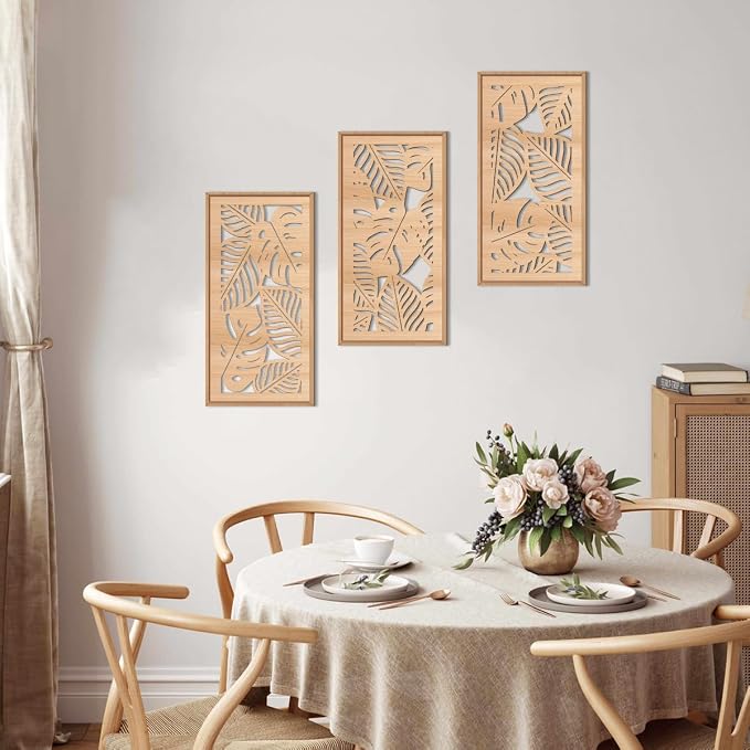 IARTTOP Tropical leaf Wood Wall Decor Framed Palm Monstera Leaves Wooden Wall Art Coastal Hawaii Art decor 7.87x15.75 Inch Set of 3 for Living room Bedroom Office