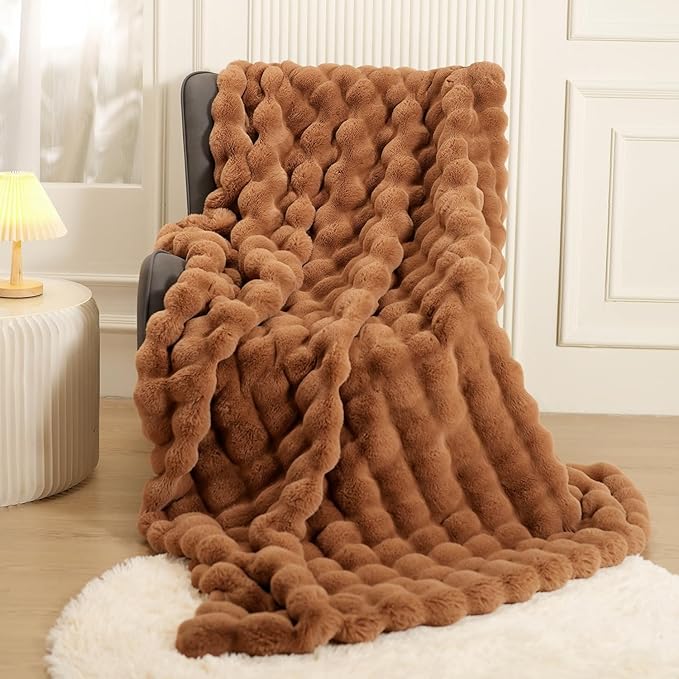Super Comfort Oversized Warm Thick Bubble Luxury Plush Rabbit Faux Fur Throw Blanket, Fluffy Blanket,Soft Cozy Blanket for Couch Chair Bed Sofa Living Room (Brown, 50inX60in)