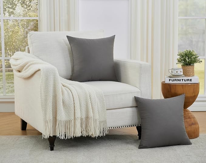 Longhui bedding Grey Throw Pillow Inserts 20x20 Set of 2, 100% Cotton Cover with Polyester Fill, 2-in-1 Use as Stuffers or Standalone Decor for Couch, Bed, Living Room, Outdoor