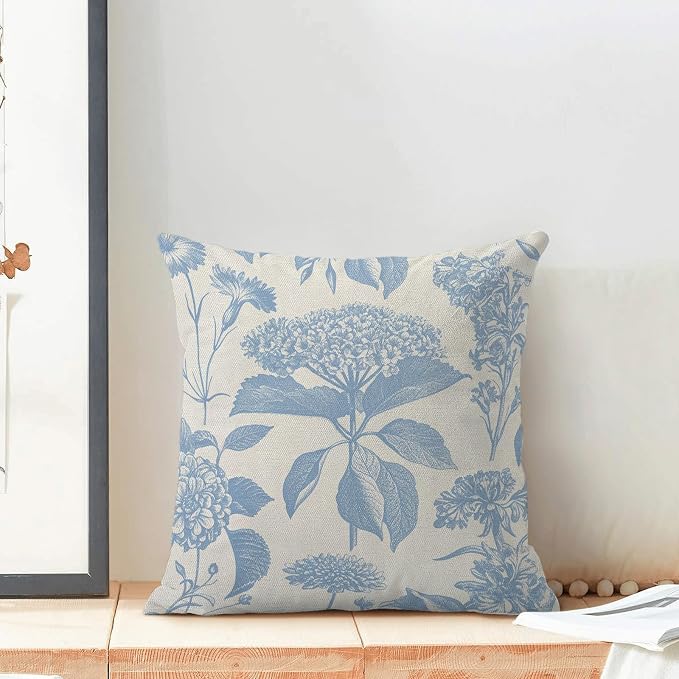 Floral Pillow Covers 18x18 Set of 2 Vintage Baby Blue Hydrangea Herb Botanical Throw Pillow Cover Outdoor Decoration Boho Flower Pillowcase Farmhouse Decorative Linen Cushion Case for Home Sofa