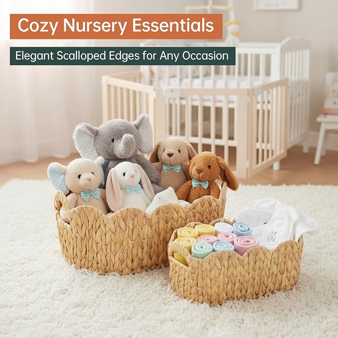 Coeusy Scalloped Basket Set of 2,Water Hyacinth Basket for Organizing and Decor,Hand-Woven Wicker Storage Baskets with Built-In Handles for Nursery,Gift