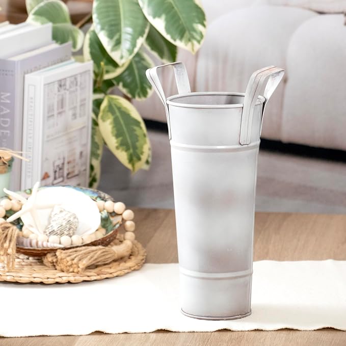 Galvanized Metal Floral Vases with Handles Set of 2 (Rustic White)