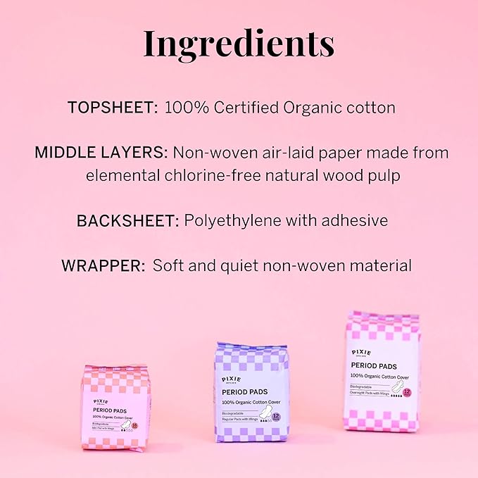 Pixie Organic Cotton Ultra Thin Mini Pads for Teens - Liners with Wings - Light Absorbency Menstrual Pads - Hypoallergenic, Unscented & Biodegradable for Feminine Care - FSA Eligible - 64 Count