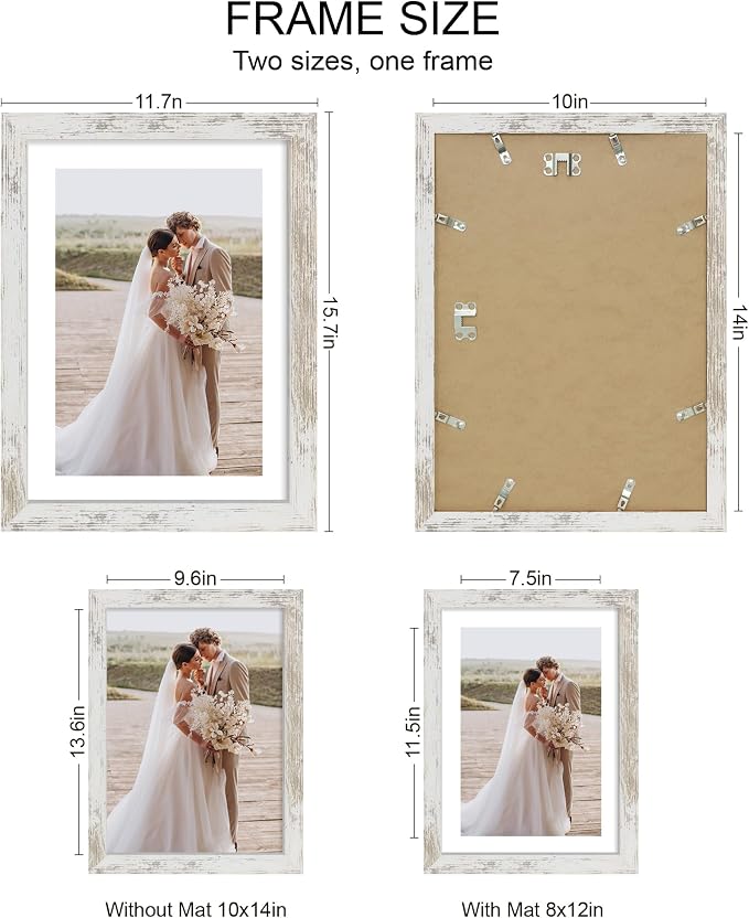 10x14 Picture Frame Set of 4, Made of Glass and Distressed White Wooden Frame, Display 8x12 Pictures with Mat or 30 x 40cm Diamond Painting Art without Mat for Wall Mounting, Gallery Photo Frames