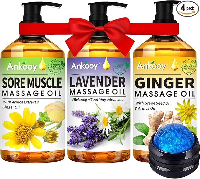 3 Pack Massage Oil for Massage Therapy,Sore Muscle Arnica Oil & Relaxing Lavender Oil & Ginger Oil Lymphatic Drainage & Massage Ball,Spa Massage Christmas Gifts for Men,Stocking Stuffers for Women