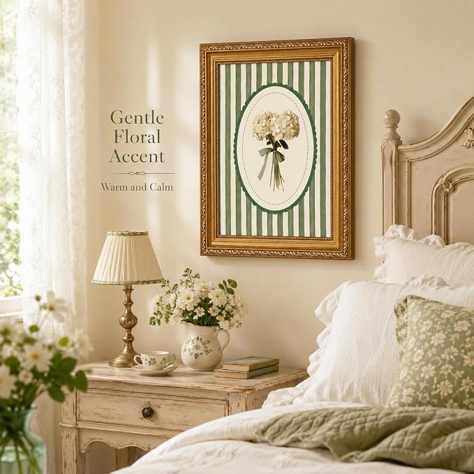 Vintage Botanical Wall Art, Green Stripe Floral Print, Gold Framed Canvas | Vintage botanical wall art with green stripe background and gold frame, suitable for living room, dining room, and entryway.