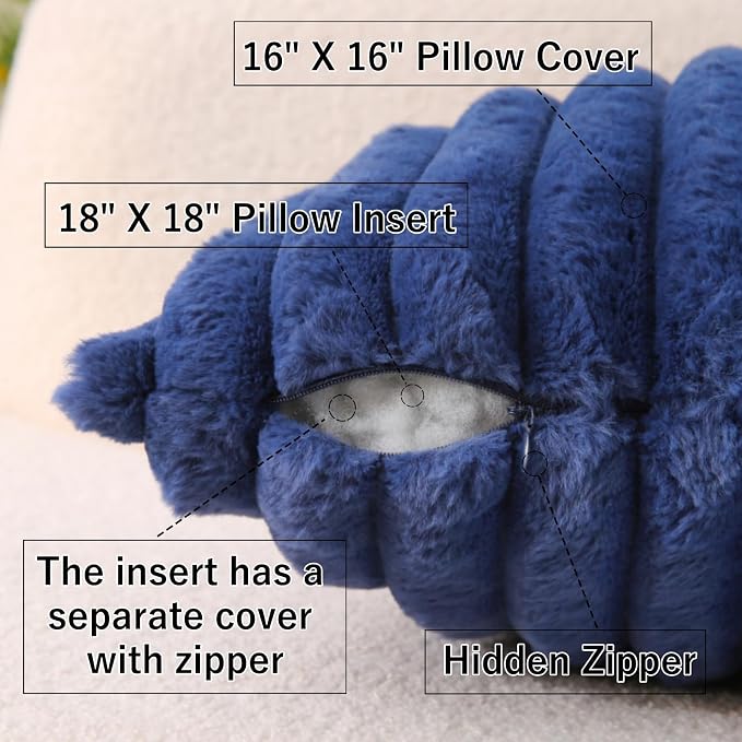 Decorative Throw Pillow with Inserts, Set of 2 Soft Faux Fur Throw Pillows, Square Boho Striped Pillow for Couch, Bed, Sofa Decor (Blue, 16" x 16"(Pack of 2))