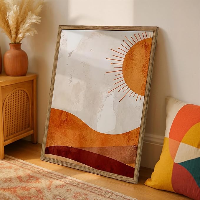Framed Boho Sun and Moon Canvas Wall Art Set of 2, Vintage Western Desert Landscape Wall Decor Paintings, Mid Century Modern Abstract Pictures Prints Artwork for Living Room Bedroom Office 16x24 inch