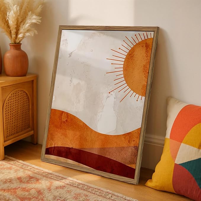 Framed Boho Sun and Moon Canvas Wall Art Set of 2, Vintage Western Desert Landscape Wall Decor Paintings, Mid Century Modern Abstract Pictures Prints Artwork for Living Room Bedroom Office 12x16 inch