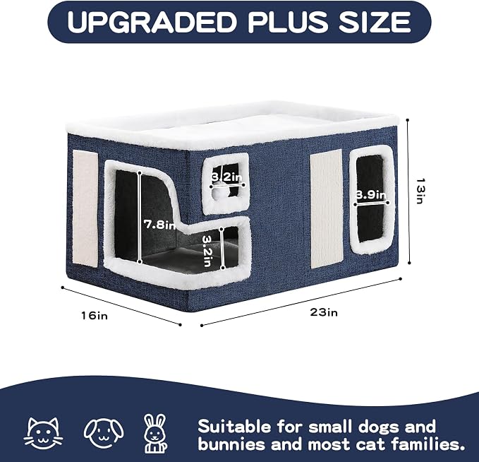 Large Cat Houses for Indoor Cats, Extra Wide Cat Cave Bed with Scratch Pad and Fluffy Ball, Foldable Cat Hideaway Condo for Large Cats, Modern Kitten Bed,23x16x13 inches (Blue, X-Large)