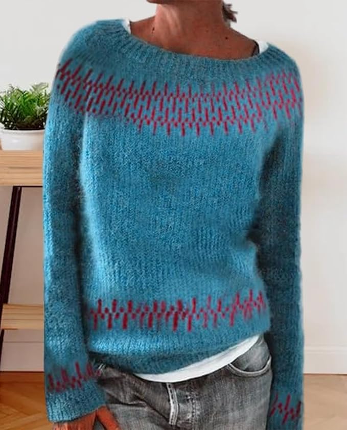 Zhyaj Fair Isle Sweater for Womens Winter Long Sleeve Vintage Knitted Sweater Casual Fall Crew Neck Pullover Sweaters