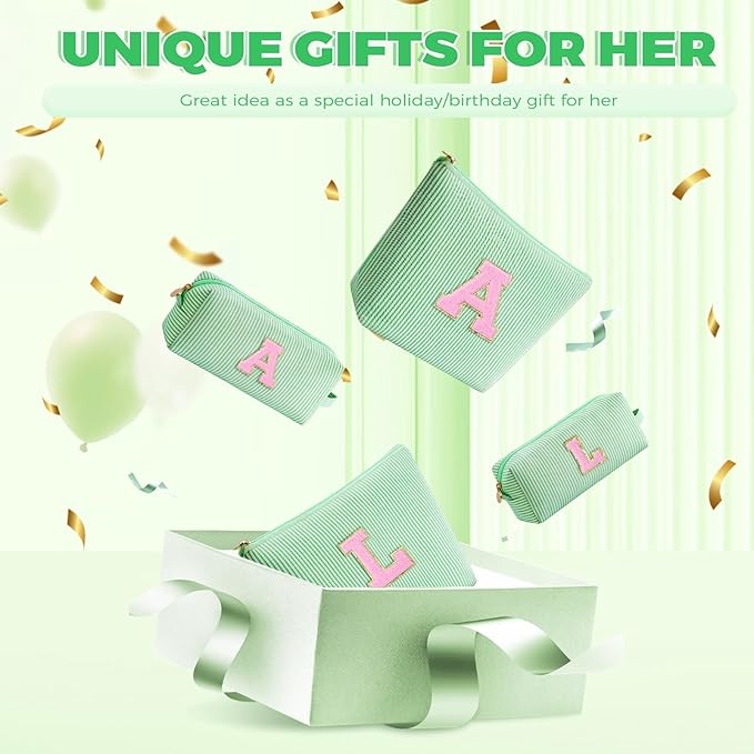 Bridesmaid Gifts Wedding Day - Bridal Shower Gifts,Maid of Honor Gifts,Initials Makeup Bag Set Cosmetic Bag - Green,B