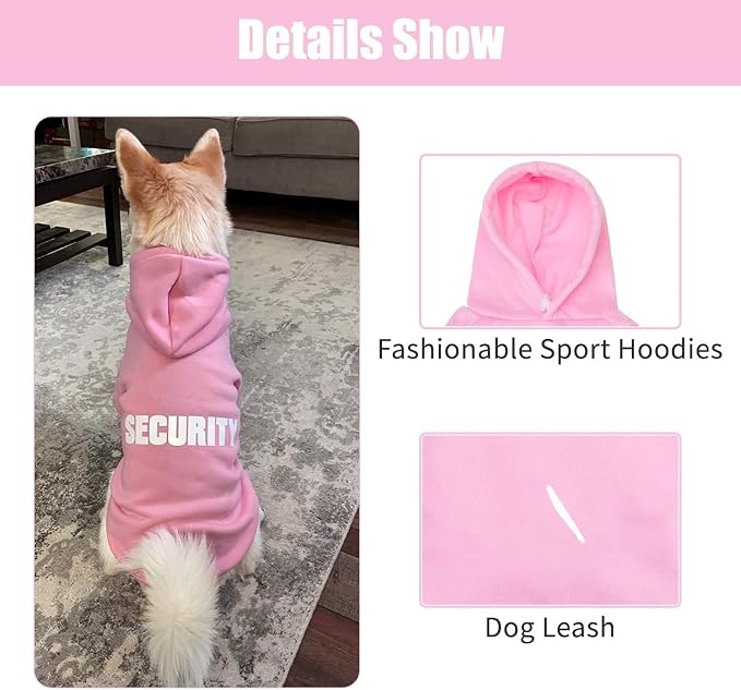 BINGPET Security Dog Hoodie, Pet Sweater Clothes with Leash Hole, Pink | Warm Dog Sweatshirt for Small Medium Large Dogs, All-Season Cold Weather Comfort & Fit, Soft Winter Hooded Pullover Outfit