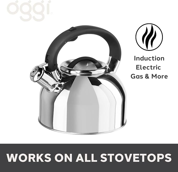 OGGI Tea Kettle for Stove Top - 64oz / 1.9lt, Stainless Steel with Loud Whistle, Ideal Hot Water Kettle and Water Boiler - Silver Mirror