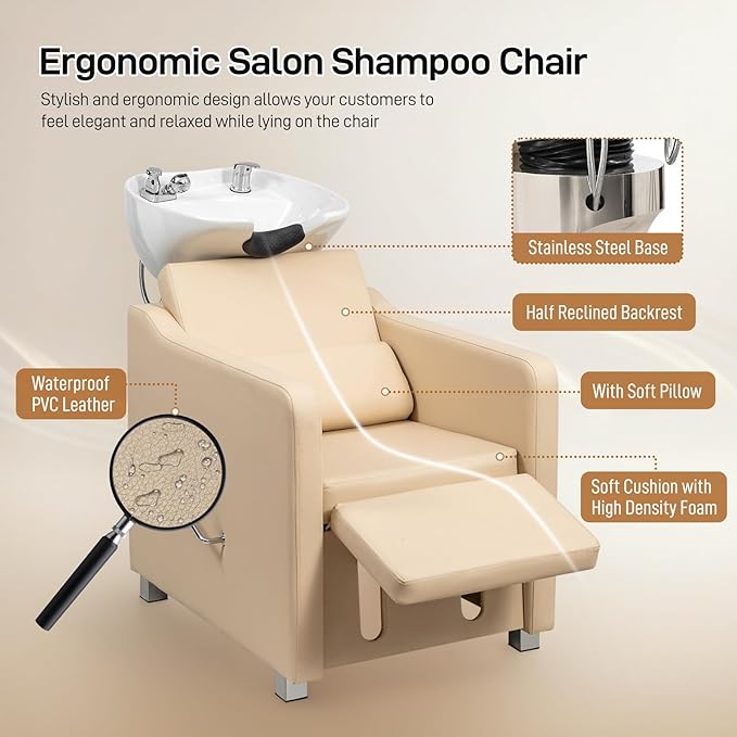 Winado Shampoo Backwash Barber Chair with Ceramic Hair Wash Bowl Sink, Adjustable Leg Baffle, Reclining Shampoo Station Chair for Barbershop Beauty Spa Massage Hairdressing Equipment, Beige