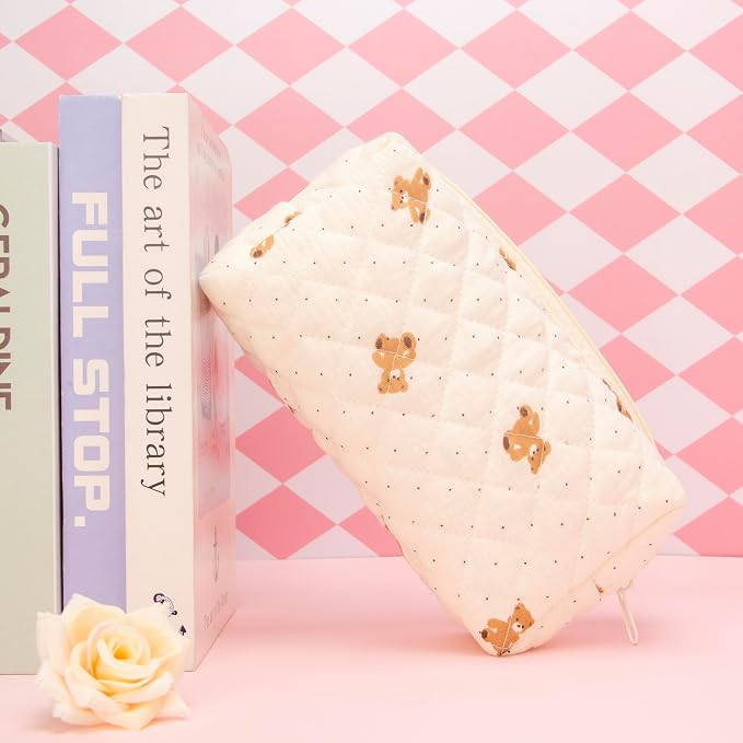 PAZIMIIK Small Quilted Makeup Bag,Zipper Cosmetic Pouch,Gauze Bear | Lightweight Cosmetic Bag Organizer for Women,Purse Storage Holds Makeup,Toiletries,Skincare,Beauty Essentials,Travel Items