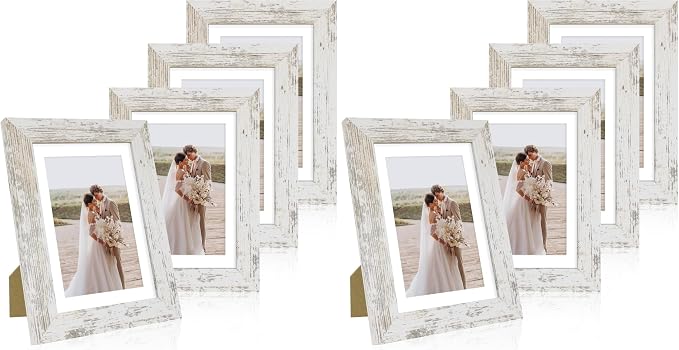 Hongkee 5x7 Picture Frame Set of 4, Made of Real Glass and Distressed White Wooden Frame, 5 by 7 Photo for Wall or Tabletop - Display Picture 4x6 with Mat or 5x7 Without Mat (Pack of 2)