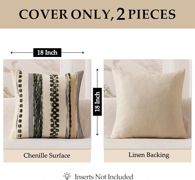 ANRODUO Boho Decorative Pillow Covers 18x18 Dark Green Stripe Pack of 2 | Throw Pillow Covers, Farmhouse Cushion Case, Chenille Pillow Cases, Pillow Covers, Accent Neutral Pillowcase for Sofa Couch