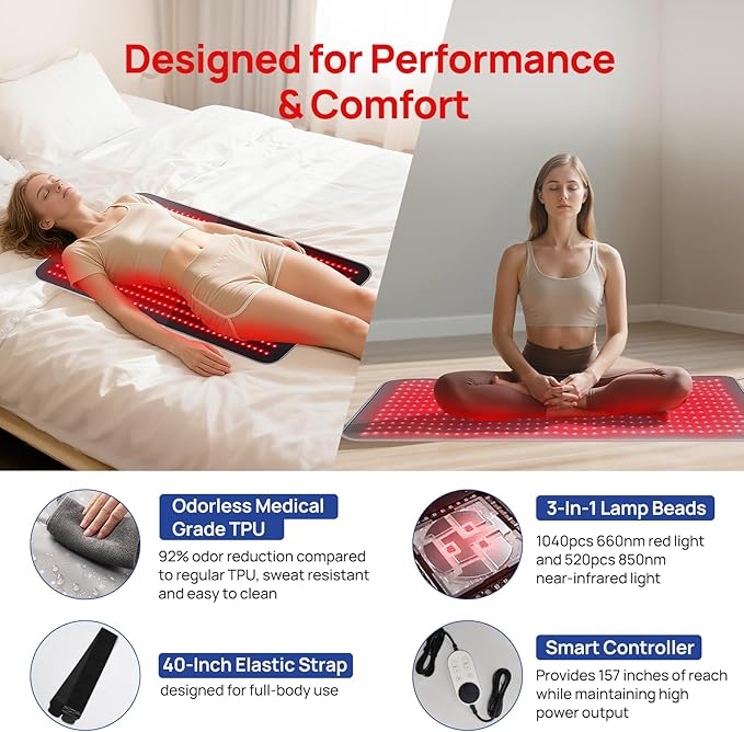 Red Light Therapy Mat for Body, 39.4" x 24" Large Size Near Infrared Red Light Therapy Pad Full Body, 660nm&850nm(520 LEDs), Adjustable Timer and Power Levels