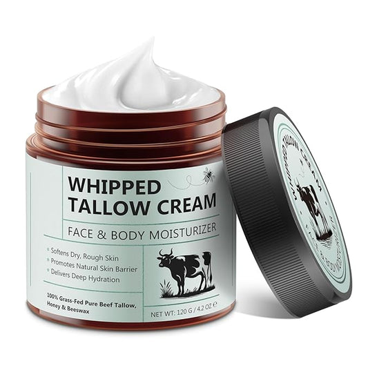 Whipped Beef Tallow for Skin - 100% Grass Fed Pure Beef Tallow with Honey, Natural Moisturizing Cream for Face and Body, Deep Hydration Softens Dry Skin, Nourishing Tallow Cream 4.2 Oz
