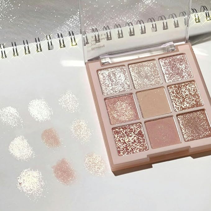 9 Colors Milk Tea Glitter Eyeshadow Palette, Matte Nude Neutral Brown Blendable Shades, Bronzer Champange Gorgeous Pearls Powder Eyeshadow, Sparkling Shimmer Daily Bright Diamond Makeup