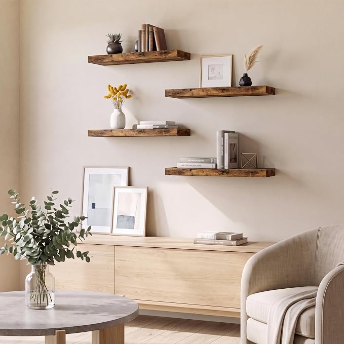 Fixwal Floating Shelves for Wall Decor (Rustic Brown, Set of 4, 15.7 Inch) | MDF Shelves with Metal Brackets, Space Saving for Books, Decor, Works in Bathroom, Kitchen, Living Room, Bedroom