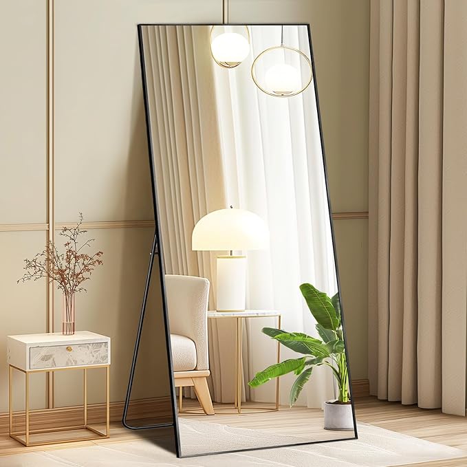 DUMOS 21"x56" Full Length Mirror with Stand, Full Body Floor Mirror | Free Standing or Wall Mount, Nano Glass Aluminum Frame, Hanging or Leaning, Modern Simple Home Decor, Black