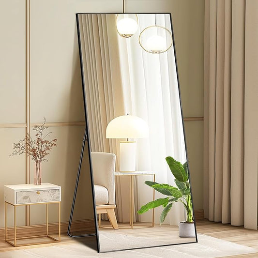 DUMOS 21"x56" Full Length Mirror with Stand, Full Body Floor Mirror | Free Standing or Wall Mount, Nano Glass Aluminum Frame, Hanging or Leaning, Modern Simple Home Decor, Black