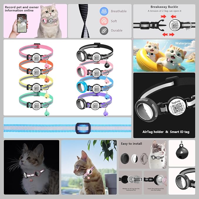 3 Pack-Waterproof Airtag Holder Cat Collar - Lightweight Kitten Collar for Apple Air Tag, Smart ID Tag - Solid & Safe, Reflective, Breakaway with Transparent Holder for GPS Tracker (3-Pack A)