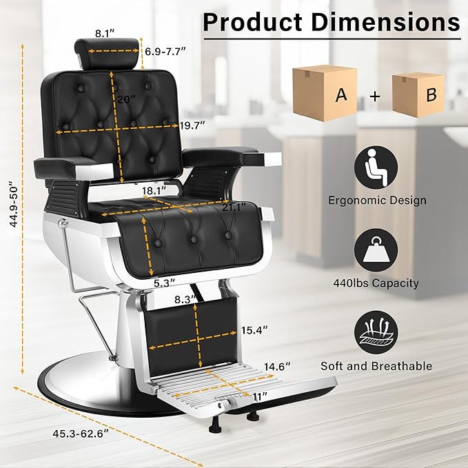 Heavy Duty Barber Chairs for Barbershop, Vintage Reclining Barbershop Chair, 360° Swivel Professional All Purpose Salon Hair Stylist Beauty Spa Shampoo Home Equipment with Removable Headrest, Black