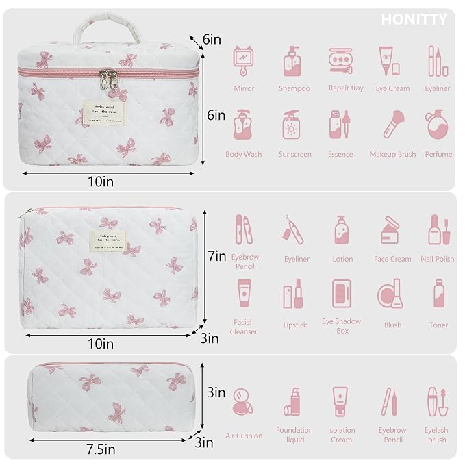 honitty Makeup Bag,Quilted Cosmetic Bag,Large Floral Make Up Bag for Women,Cotton Makeup Bag Set,Flower Travel Toiletry Bag