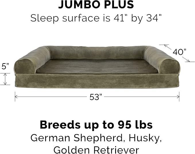 Furhaven Cooling Gel Dog Bed for Large Dogs w/ Removable Bolsters & Washable Cover, For Dogs Up to 125 lbs - Faux Fur & Velvet Sofa - Dark Sage, Jumbo Plus/XXL