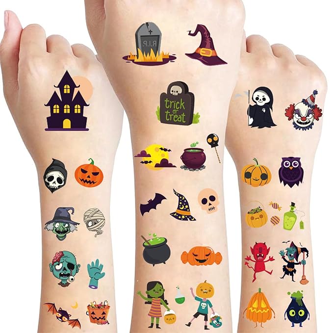 Halloween Temporary Tattoos for Kids, 120 PCS Halloween Prizes Assorted Goodies Party Favor Gifts for Boys Girls Bag Stuffers, Cartoon Pumpkin Witch Fake Tattoo Stickers Decorations Face Makeup Adults