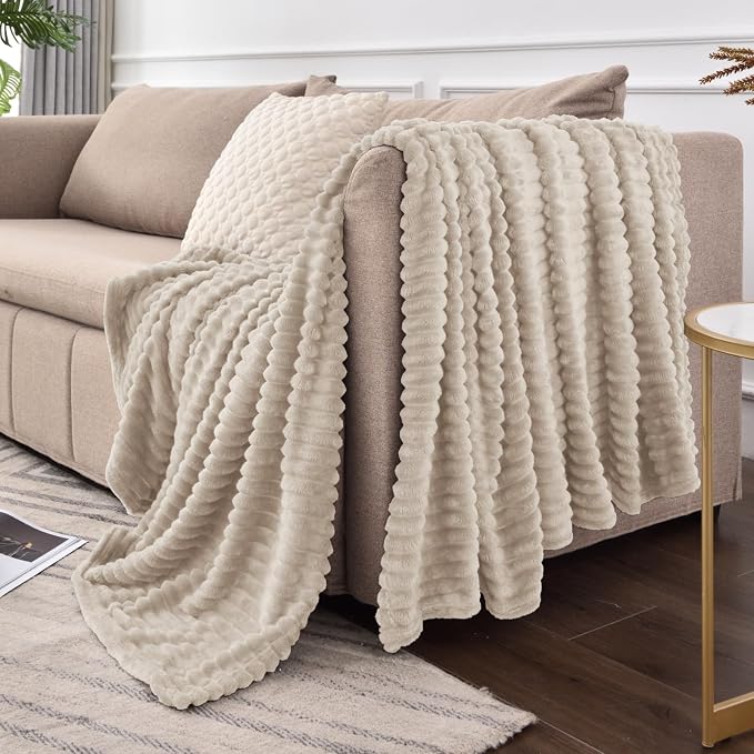 BEDELITE 3D Ribbed Linen Color Fleece Throw Blanket for Couch, 50x60 Inch | Soft Warm Decorative Fluffy Blanket, Cozy Plush Lightweight Fuzzy Throw Blanket for Bed Sofa Home Room Decor, Gift for Women
