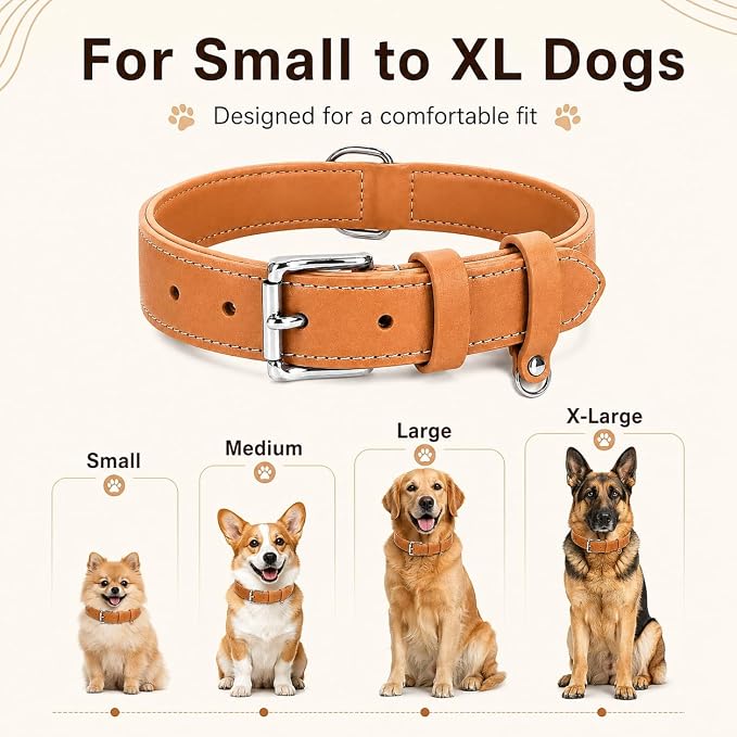 Genuine Leather Dog Collar, Soft Padded Leather Dog Collars with Airtag Holder Case for Small Medium Large X-Large Dogs,Comfort Heavy Duty Pet Collar with Durable Metal Buckle & D-Ring-Khaki/XL