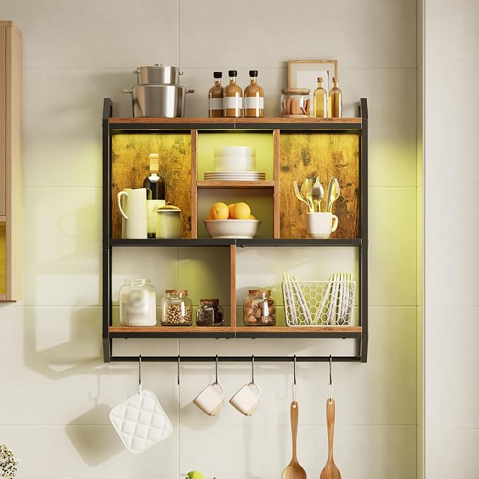 HOOBRO Gaming Floating Shelf with LED Lights, 28.7" LED Wall Mounted Shelf, 3-Tier Display Rack for Wall Storage, Floating Rack with Hanging Rod and 6 S-Hooks, Rustic Brown and Black BF70DBJ01