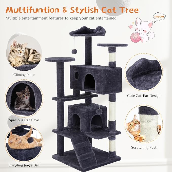 Sweetcrispy 54 Inch Cat Tree Tower with Scratching Post, Indoor Use | Multi-Level Cat Tower with Condo with Climbing Ladder, Plush Toy, Play House for Kittens, Dark Grey