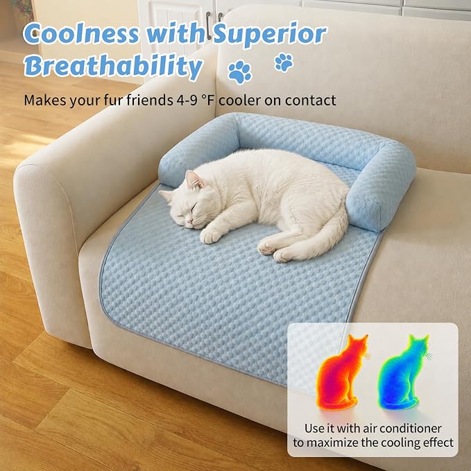 Cooling Pet Bed Mats with Neck & Head Support, 31.5 x 23.62 inch Blue | for Small and Medium Dogs & Cats, Non-Slip, Machine Washable, Protects Sofa from Fur & Scratches