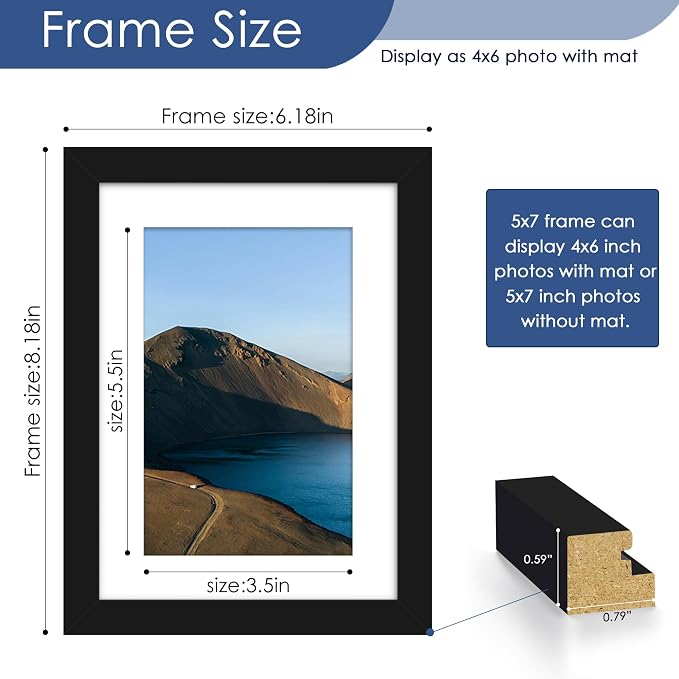 5x7 Picture Frame Set of 6, Wall or Tabletop Display, Black | Display 4x6 with Mat or 5x7 Without Mat, Horizontal or Vertical, Gallery Wall Frame Set for Wedding & Room & Home Decor