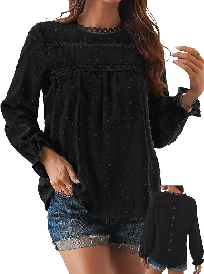 Womens Boho Tops Long Sleeve Shirts For Women Cute Crewneck Blouse Dressy Casual Swiss Dot Crochet Hollow Top 2026