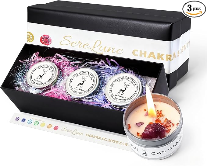 Chakra Crystals Candle, 3 Scented Soy Candles with Crystals, Spiritual Gifts for Women, Birthday Gift, Aromatherapy Chakra Candle with Healing Stones, Healing Candles (Heartfelt Balance Set)