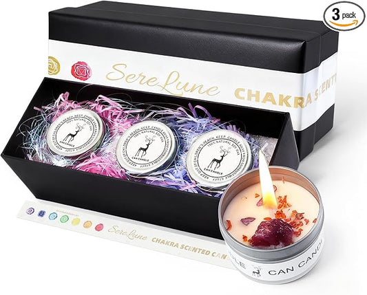 Chakra Crystals Candle, 3 Scented Soy Candles with Crystals, Spiritual Gifts for Women, Birthday Gift, Aromatherapy Chakra Candle with Healing Stones, Healing Candles (Heartfelt Balance Set)