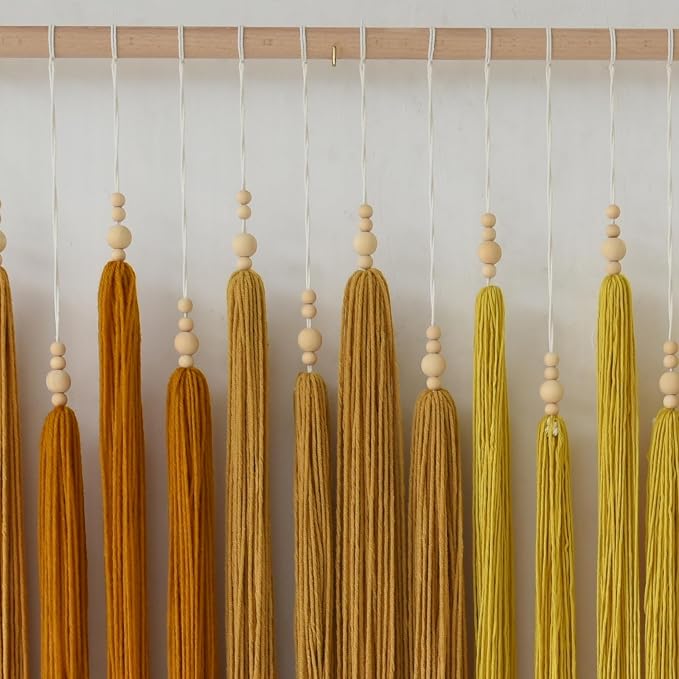IOWER Macrame Wall Hanging Beaded Tassel Yarn Art Boho Tapestry 39" W*45" L | Yellow Yarn Art, Boho Style, Nursery Wall Decor, Bedroom Living Room Wall Art, Farmhouse Decor, Handmade Craft, Office Decor